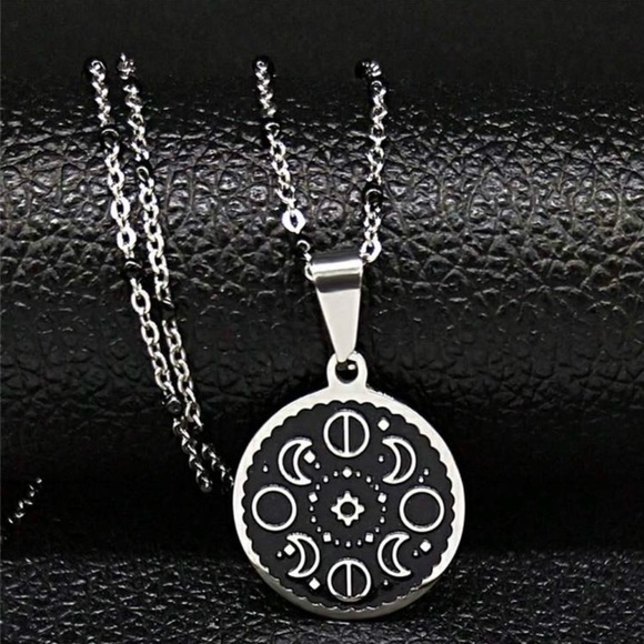 Moon Phase Medallion Waxing Waning Gibbous Crescent Full Astronomy Coin Necklace - Picture 2 of 7